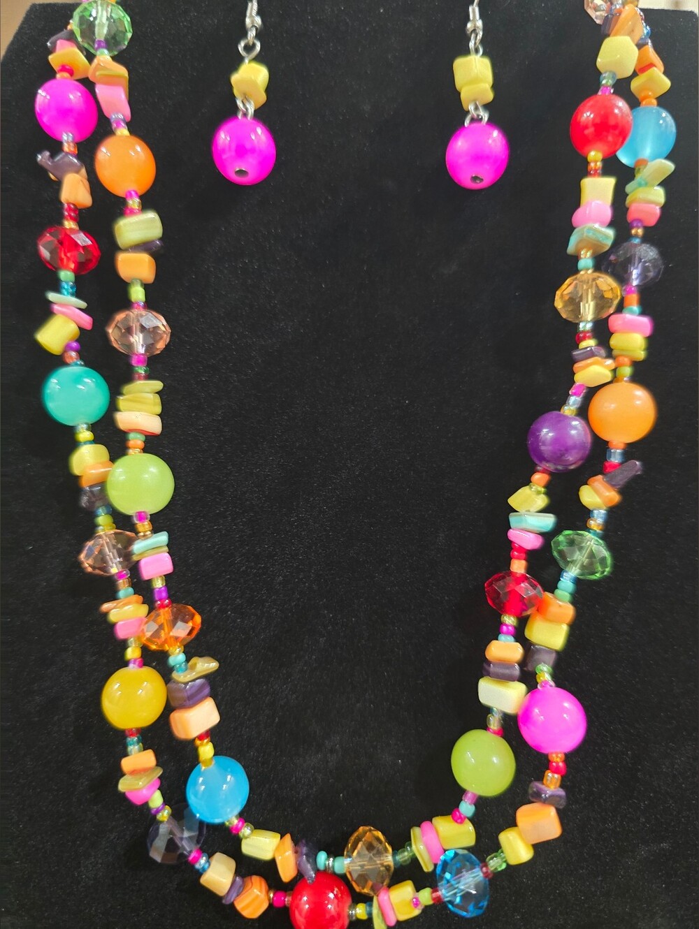 Multi-color Two Strand Beaded Necklace With Matching Earrings